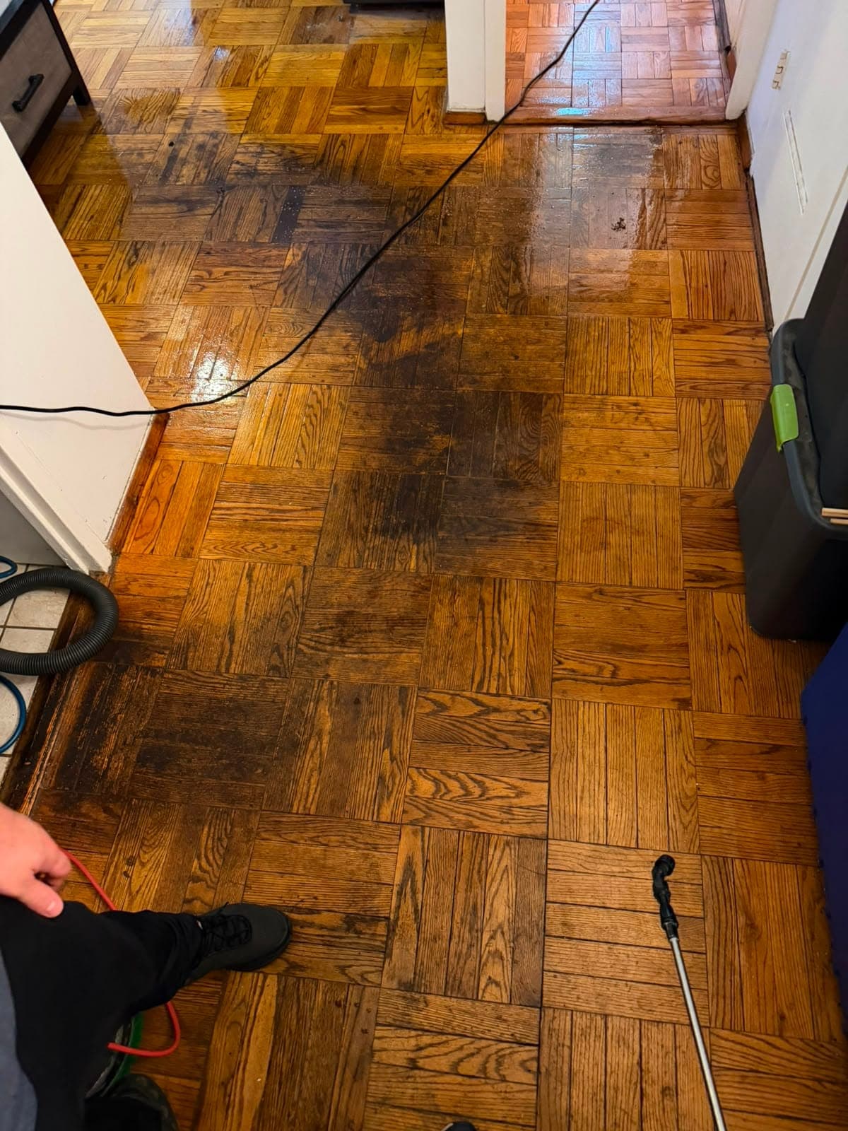 Dull hardwood floor refreshed by professional wood floor cleaning — before